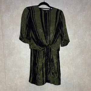 Zara Olive Green and Black Striped Satin Tie Front Dress